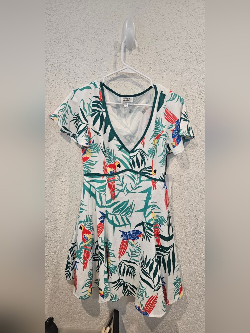 Unique Vintage White Tropical Parrot Mini Dress